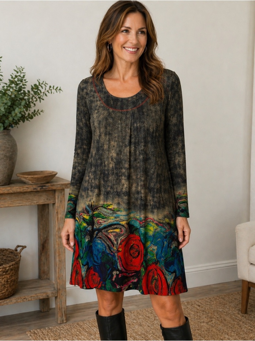 Radzoli Long Sleeve Swing Dress in Charcoal with Red & Multicolor Floral Border